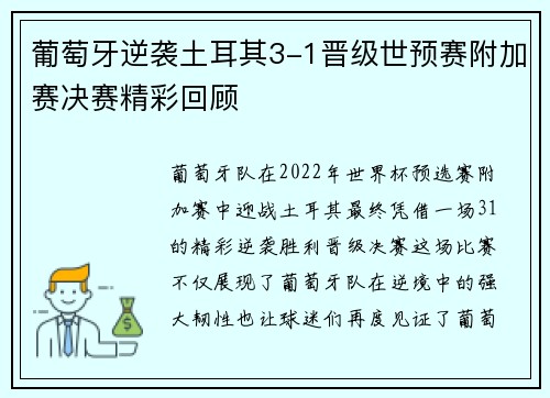 葡萄牙逆袭土耳其3-1晋级世预赛附加赛决赛精彩回顾