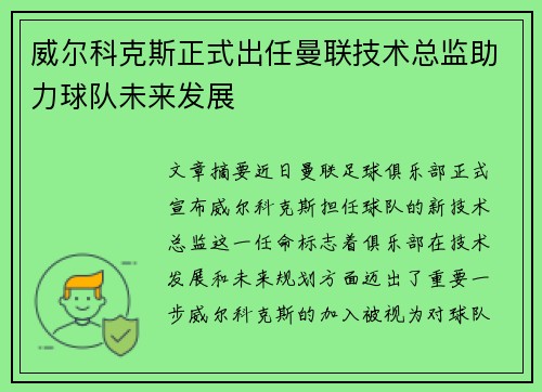 威尔科克斯正式出任曼联技术总监助力球队未来发展