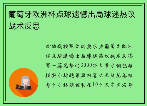 葡萄牙欧洲杯点球遗憾出局球迷热议战术反思